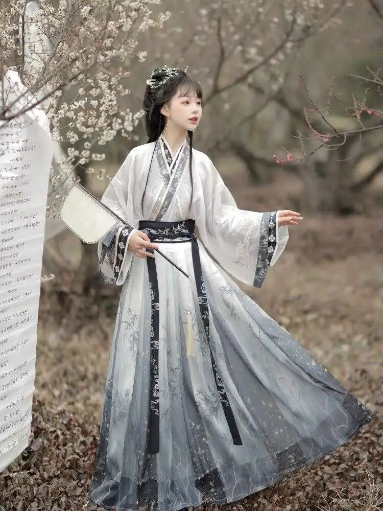 

[ink painting of bamboo]Jin Style Hanfu Women Chinese Style Embroidered Cross Collar Waist-length Ru Skirt Daily Spring Autumn