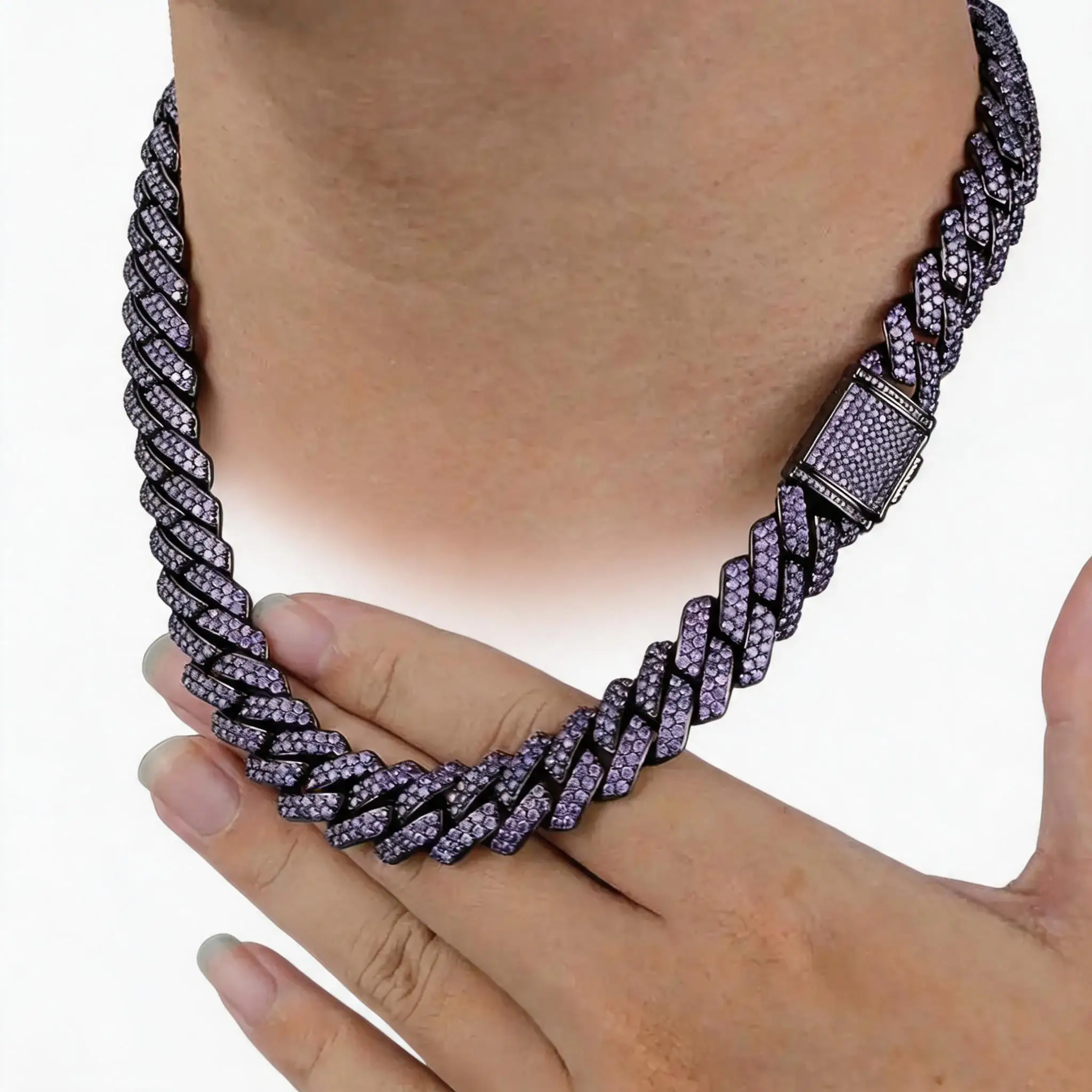 Miami Cuban Link Chain 15mm Iced Out Purple Plated CZ Hip Hop Necklace for Men Bling Jewelry