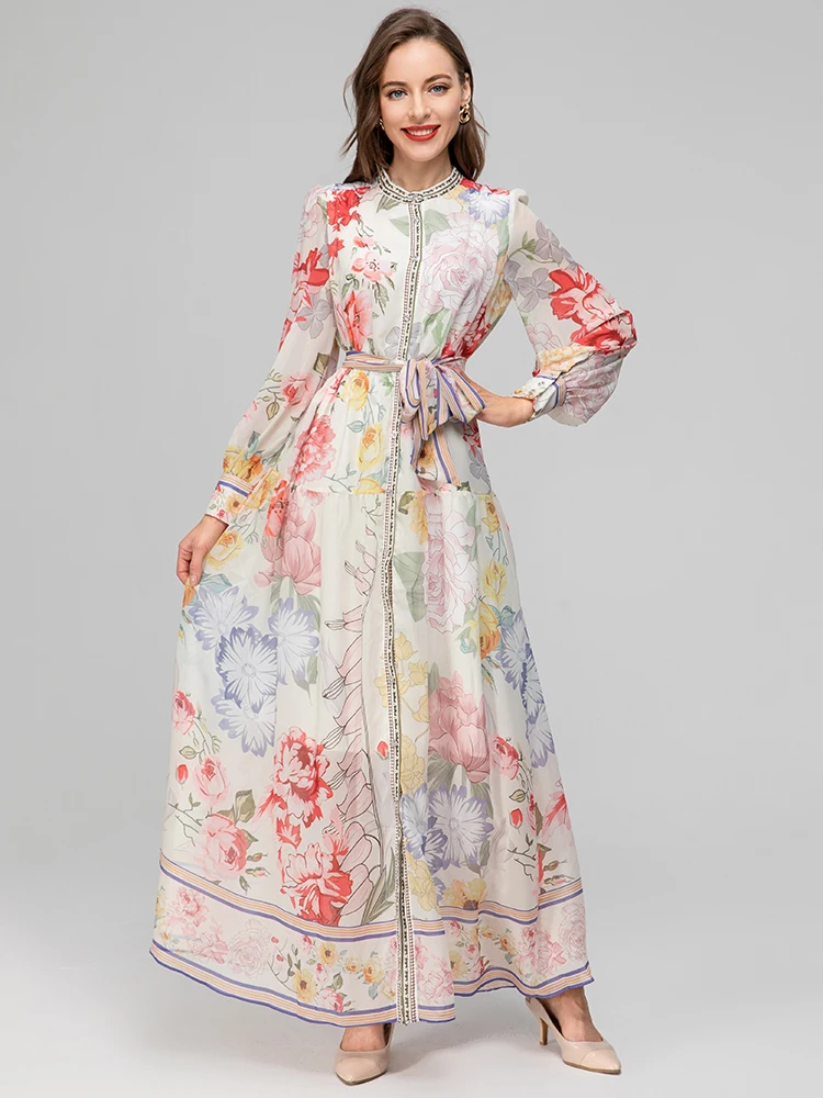 MoaaYina Fashion Designer Summer Elegance Women's dress Lantern Long Sleeve Laceup Flower Printing Dresses