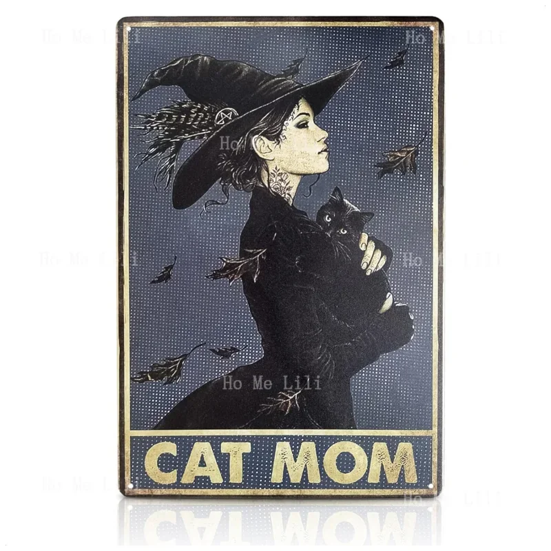 Cat Mom Wall Art Metal Signs Vintage Witch Cat Halloween Decorations Indoor Metal Sign Room Hocus Pocus Poster For Living Room