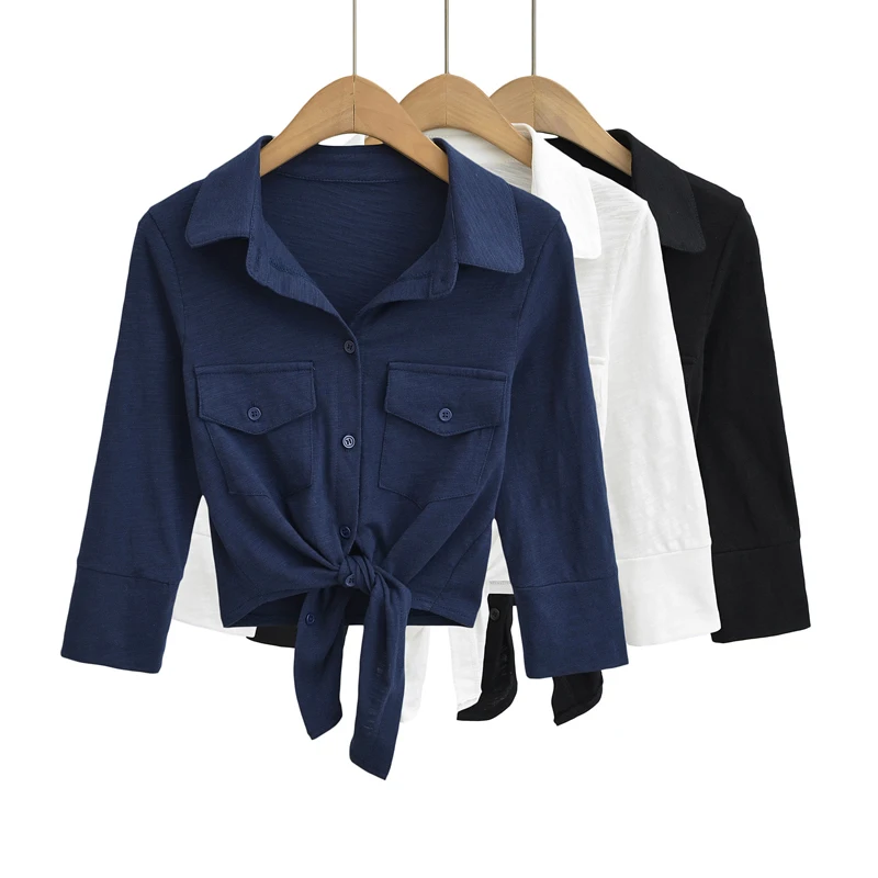 Women's Knot Front Fitted Shirt With Three-quarter Sleeve