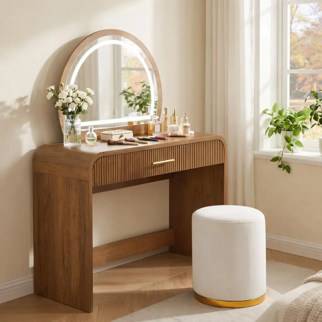 Wooden Vanity Desk with LED Touch Screen Mirror & Drawer, Curved Dressing Table with Removable Mirror for Bedroom, Customized