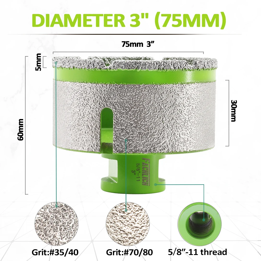 FACHLICH Dia75mm 5/8 "-11 الموضوع الماس الأساسية لقم الثقب طحن الحفر بلاط الجرانيت الرخام السيراميك بت الاصبع طاحونة تاج