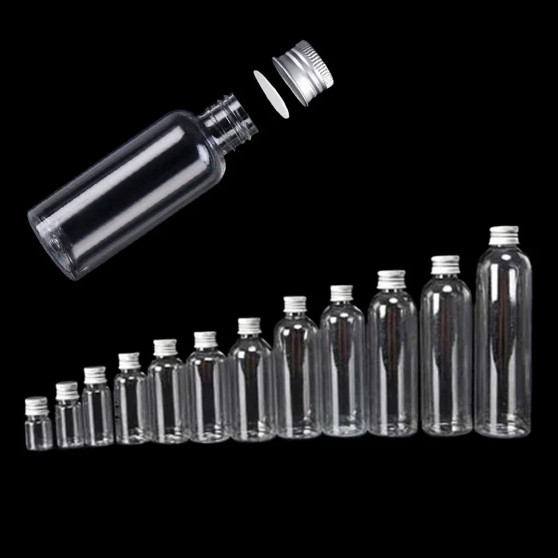 5Pcs 5ml-250ML Empty Mini Plastic Bottles w/ Aluminum Screw Cap Refillable Portable Travel Containers for Liquid Juice Storage