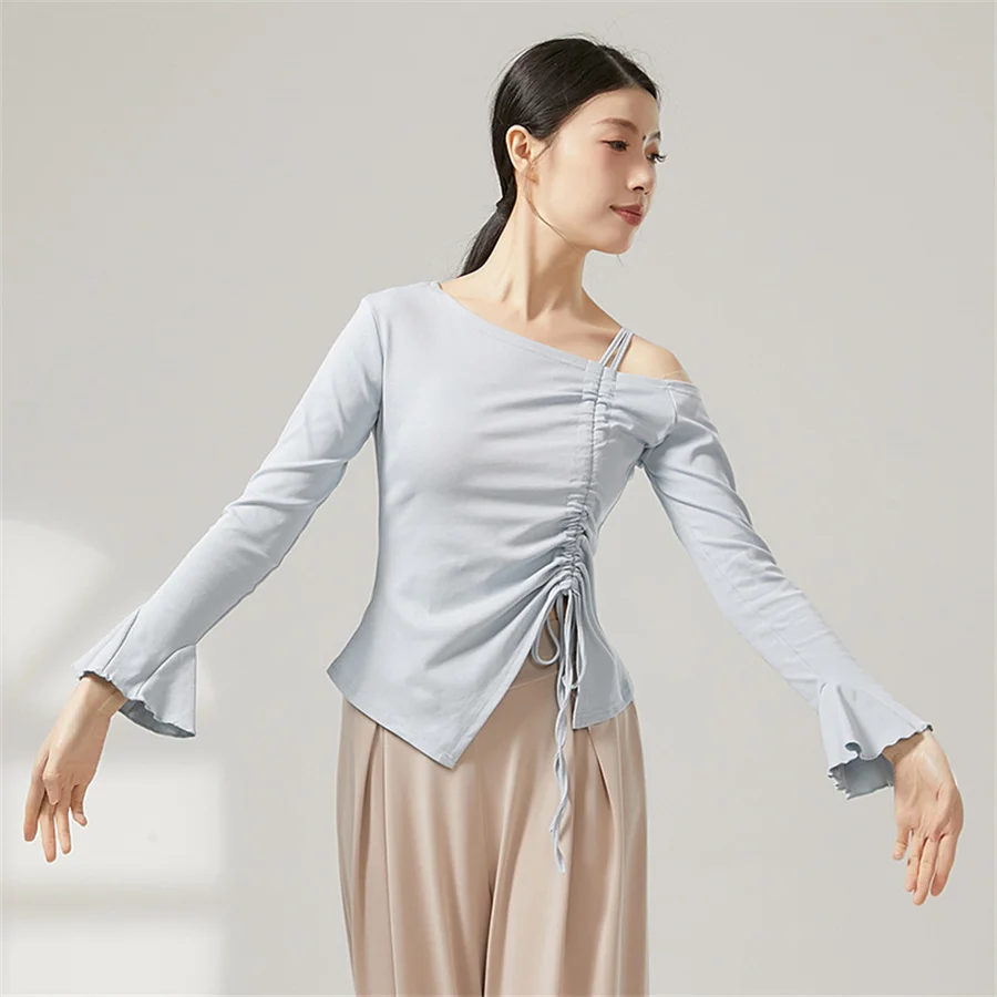 المرأة الكلاسيكية الرقص أعلى مضيئة طويلة الأكمام الرباط الجاز الباليه التدريب قميص الرقص الحديث القطن الصينية الرقصات الشعبية الأعلى #4