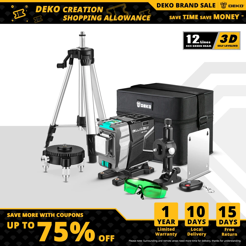 DEKO DKLL12tdP02 Series 12 Lines 3D Green Laser Level Horizontal&Vertical Cross Lines With Auto Self-Leveling, High-Precision