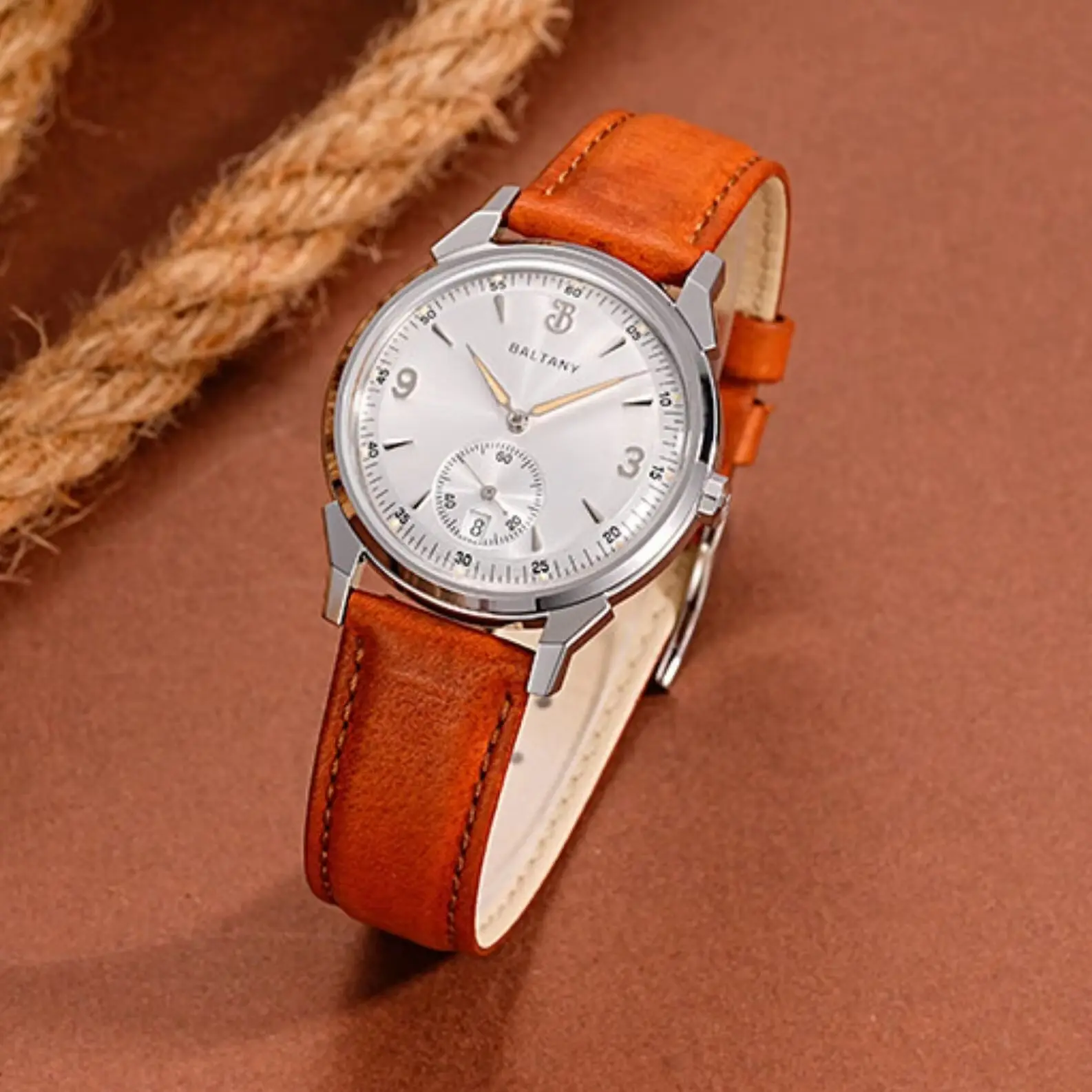 Baltany Herren-Automatikuhr, 36 mm, mechanische Armbanduhr, Saphirspiegel, 50 m wasserdicht, kleines Sekundenzifferblatt, Datum, ST2130