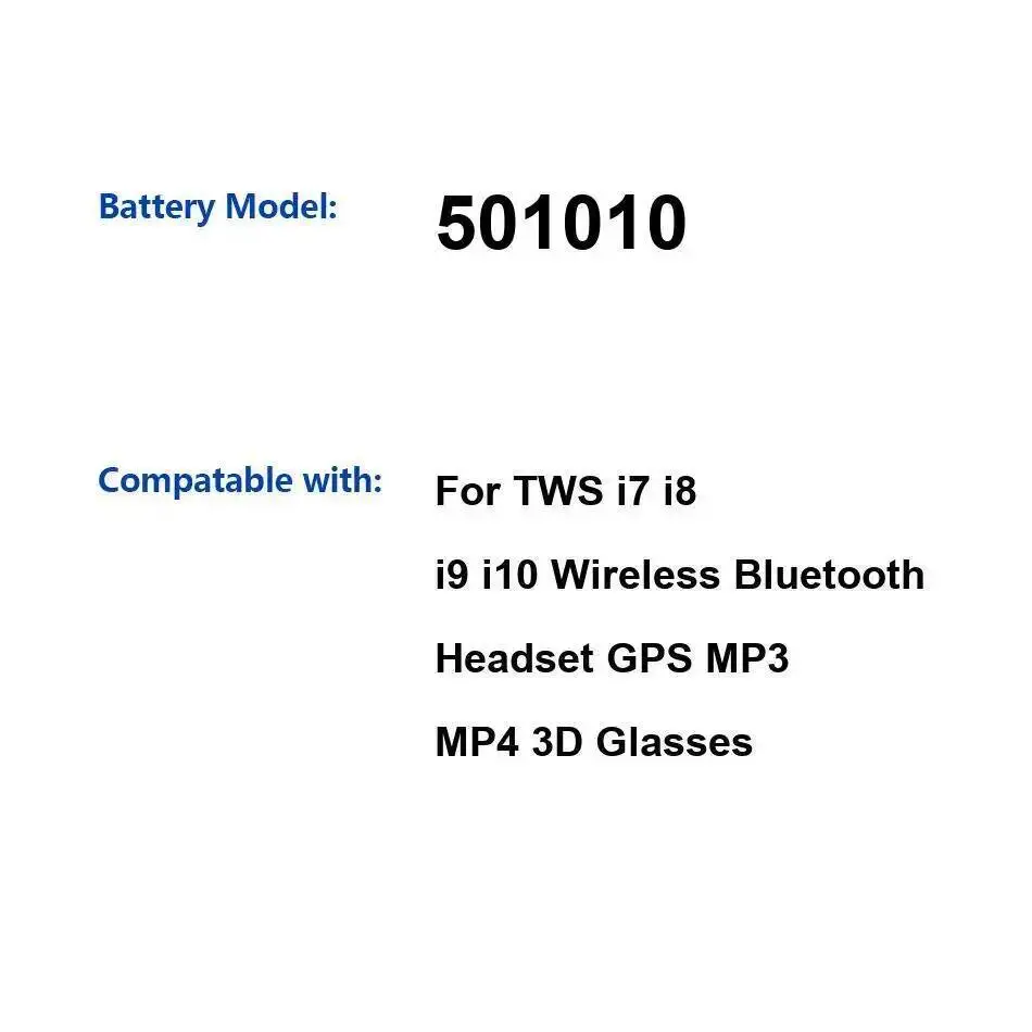 Аккумулятор для наушников 501010, 40 мАч, подходит для Tws I7 I8 I9 I10, беспроводная Bluetooth-гарнитура, GPS, MP3, MP4, 3D-очки