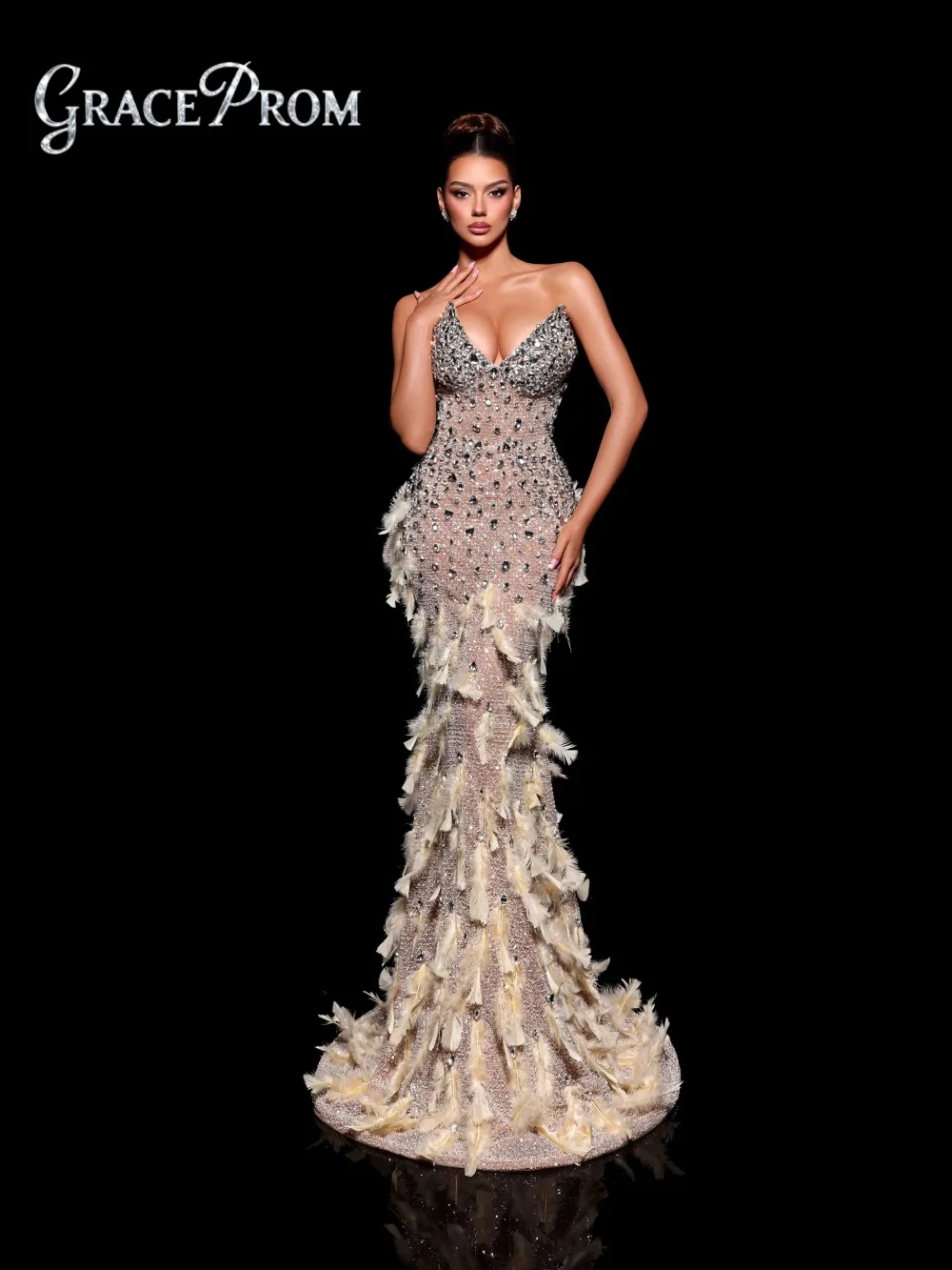 

Элегантное вечернее платье с перьями и стразами Гламурное вечернее платье без бретелек Блестящее вечернее платье русалки длиной до пола по индивидуальному заказу