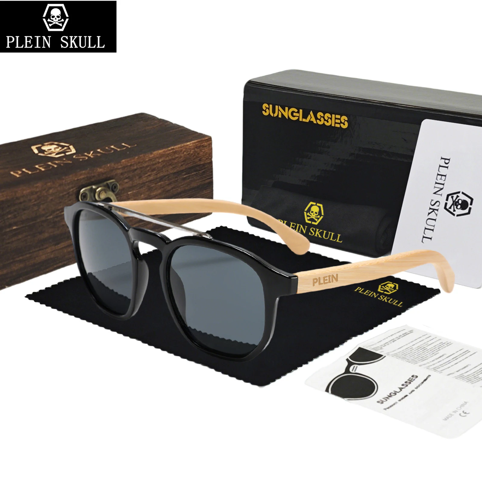

PLEIN SKULL Новые солнцезащитные очки из бамбука и дерева с двойным лучом для мужчин, простые солнцезащитные очки в стиле ретро в большой оправе для женщин, повседневные, устойчивые к ультрафиолетовому излучению