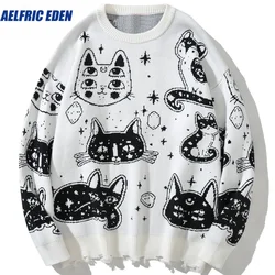 Y2K Pullover Männer Japanische Retro Nette Katze Oansatz Jumper Erweiterte College Stil Mode Gestrickte Lose Beiläufige Streetwear