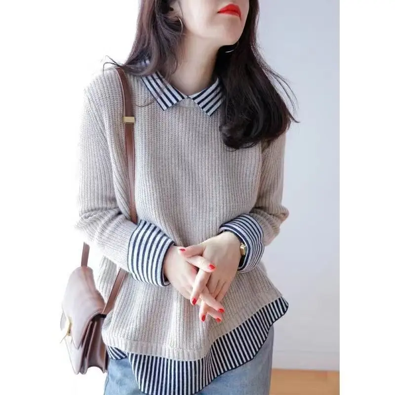 

Splicing Fake Two Piece Striped Pullover Sweater for Women Autumn Winter Loose Polo Collar Knitted Top Fashion Women Clothing