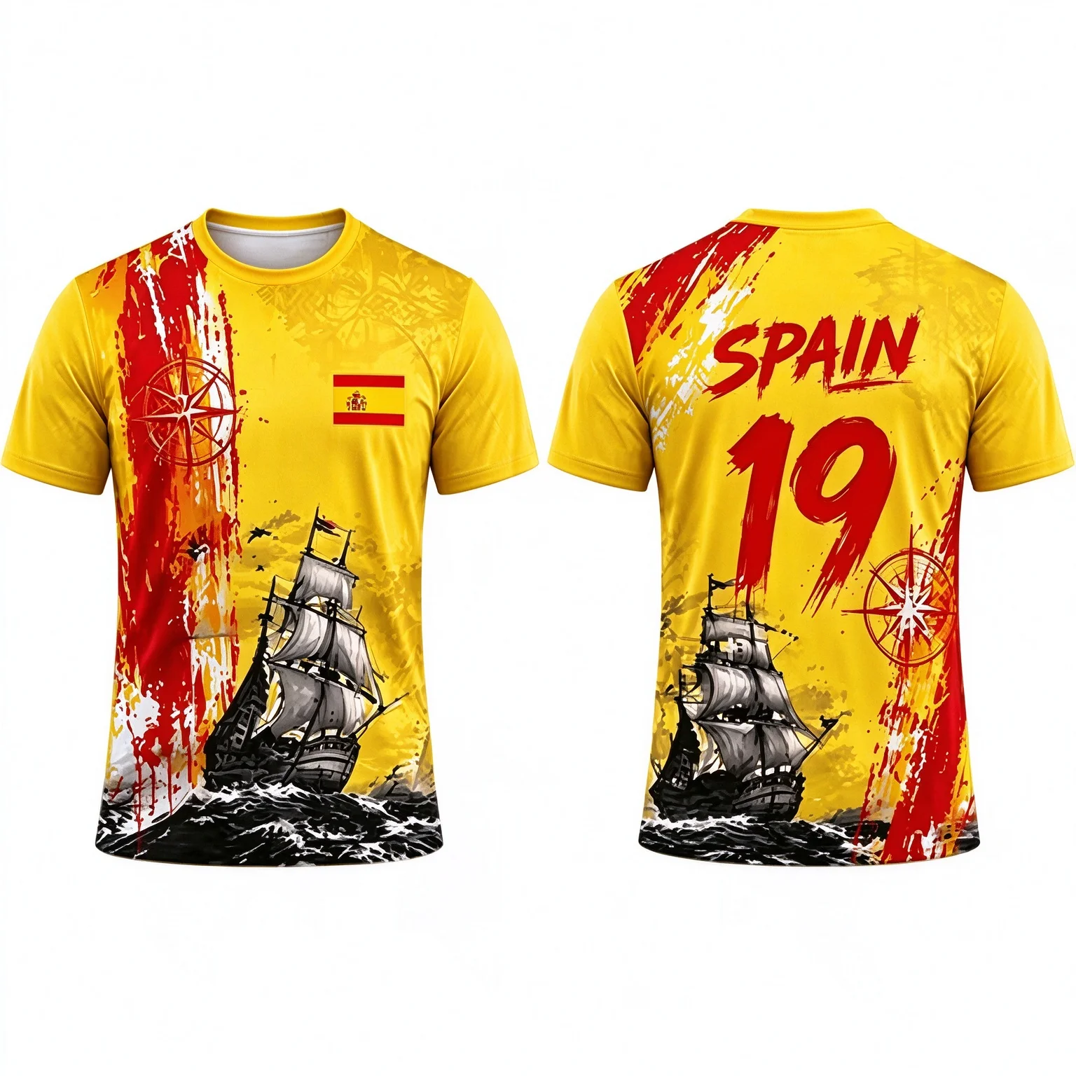 Great Nautical Exploration Themed Spain Soccer Jersey, Crew Neck Breathable Fan Sport Top for Match Viewing, Multi Colors
