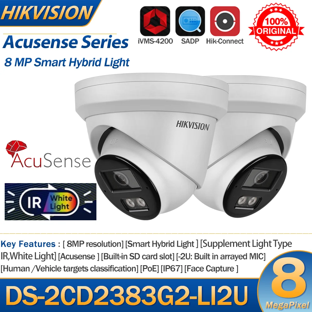 

Hikvision DS-2CD2383G2-LI2U 8MP IP Camera PoE Acusense Smart Hybrid Light Built-in Arrayed Dual Mic Color Turret Network Camera