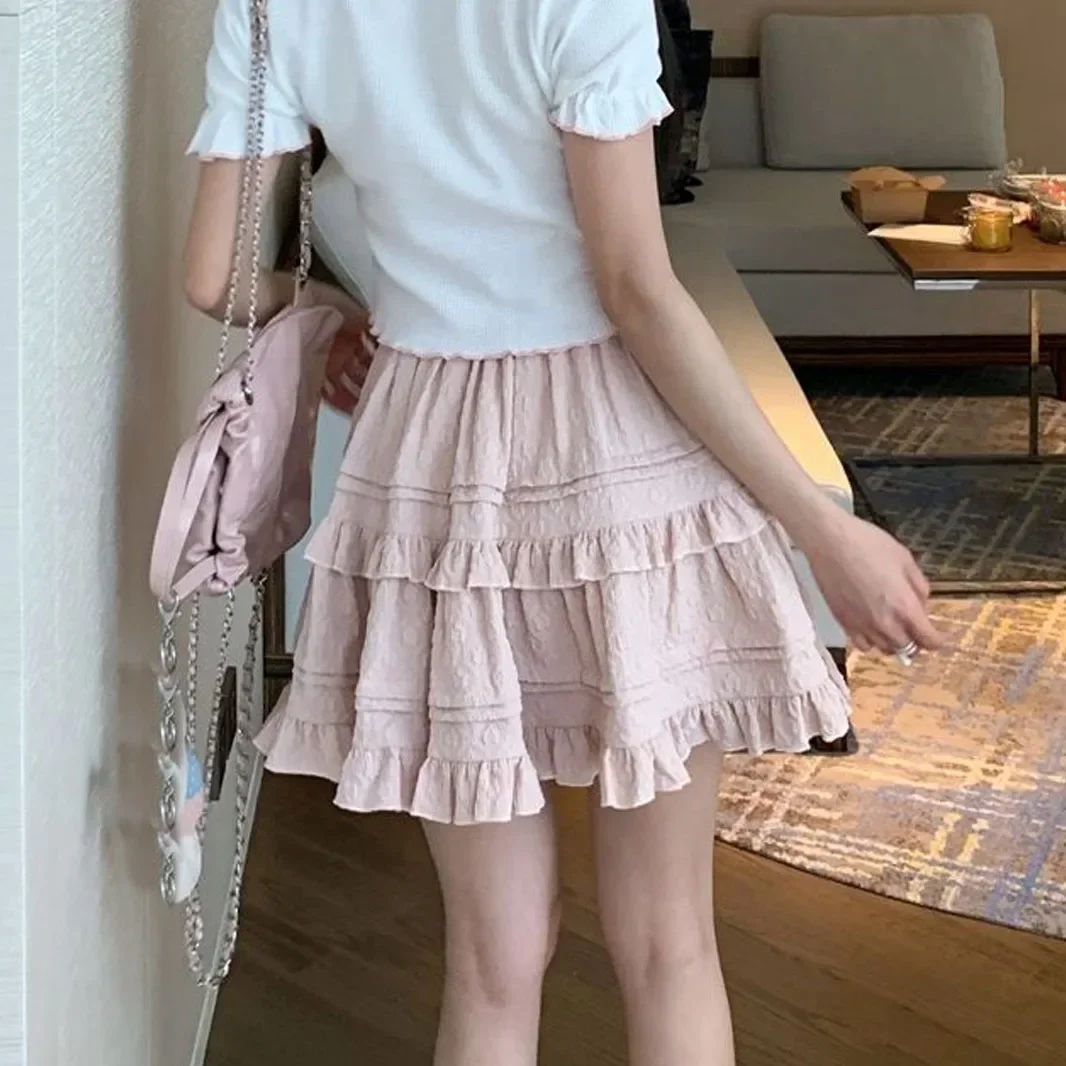 Japanese Sweet Mini Skirt Summer Women Pink High Waist Ruffle Cake Short Skirt Female Harajuku Y2k Aesthetic Pleated Fairy Skirt