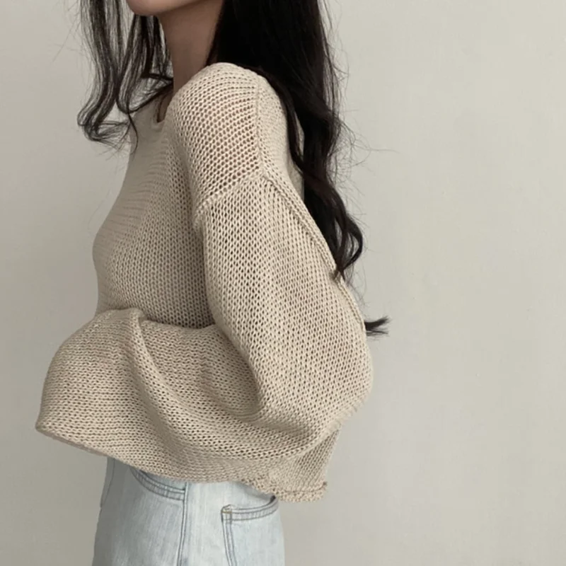 Matakawa Slash Neck Women Pullovers Thin Spring Summer Sun-resistant Sweaters Solid Korean Fashion Loose Basic Pull Femme