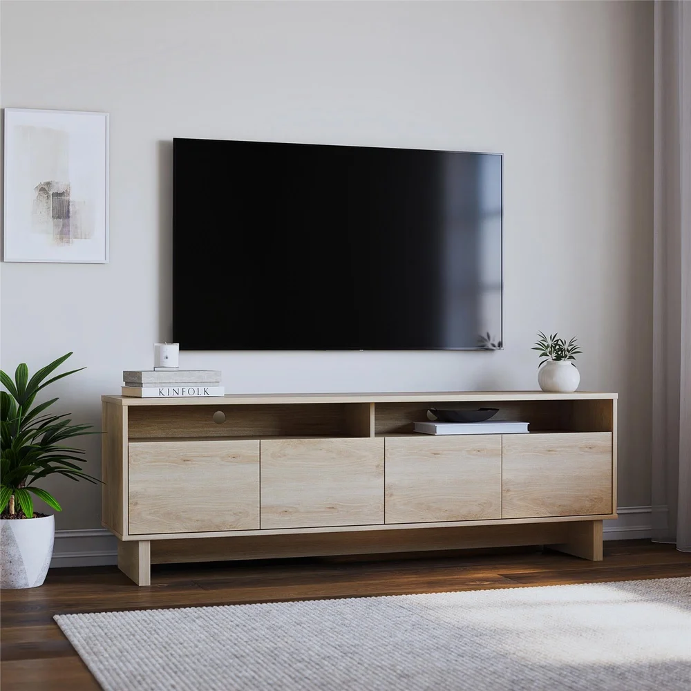 모던 미니멀리스트 4도어 TV 스탠드 콘솔 (최대 75인치 TV 수납 가능, 수납 선반 및 케이블 정리 기능 포함) 이상적인 거실용