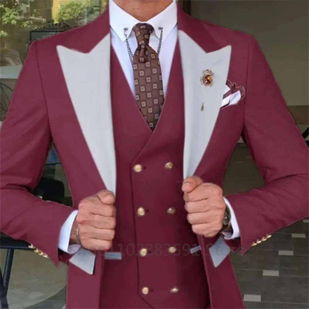 Burgundy Men Suit Business Formal Slim 3 Piece Fit Wedding Casual Bridesman Classic Style Wedding Banquet Jacket Vest With Pants