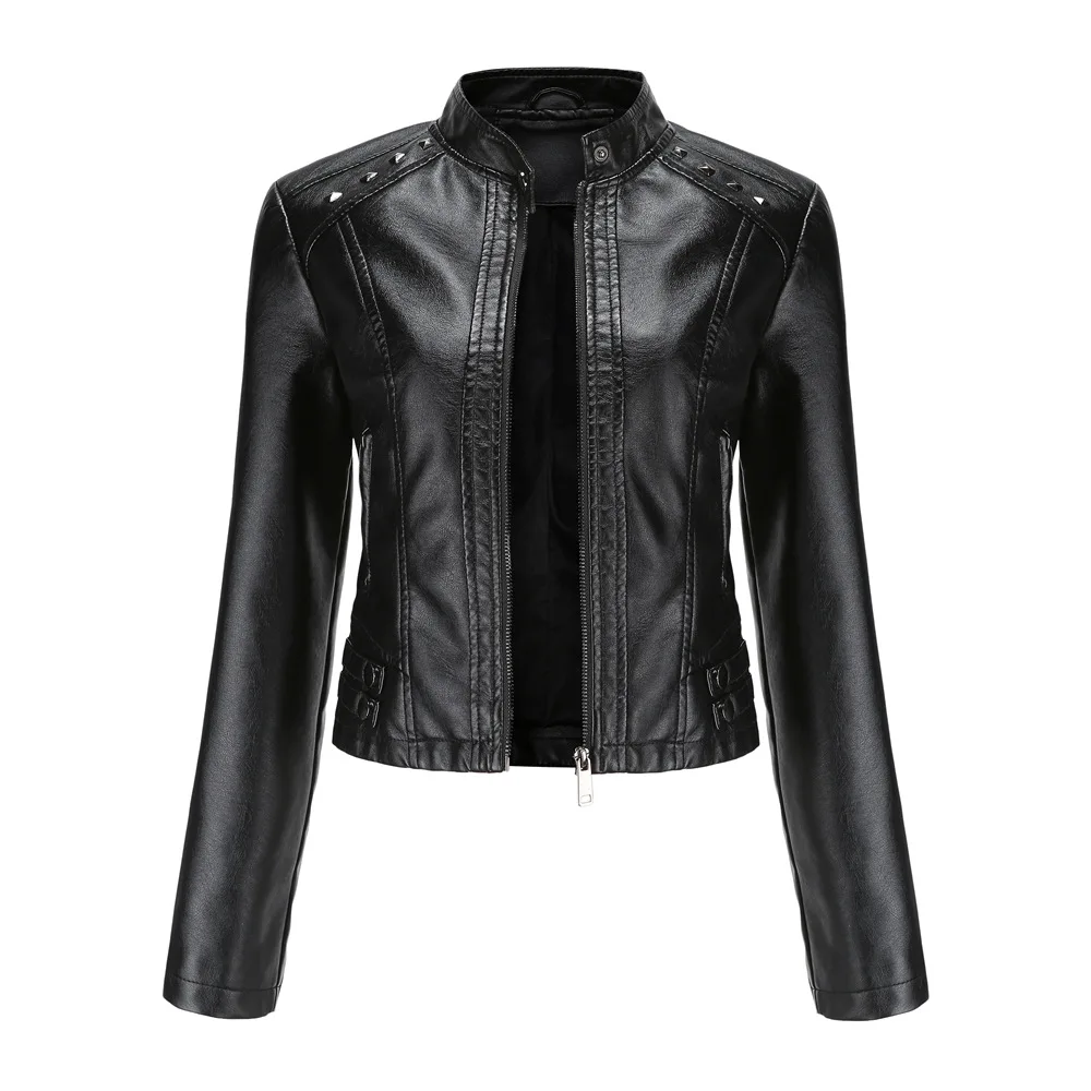 Women's Rivet PU zipper Leather Coat, Black Motorcycle Jacket, Standing Collar, Korean Punk Rock Fashion, Autumn and Winter