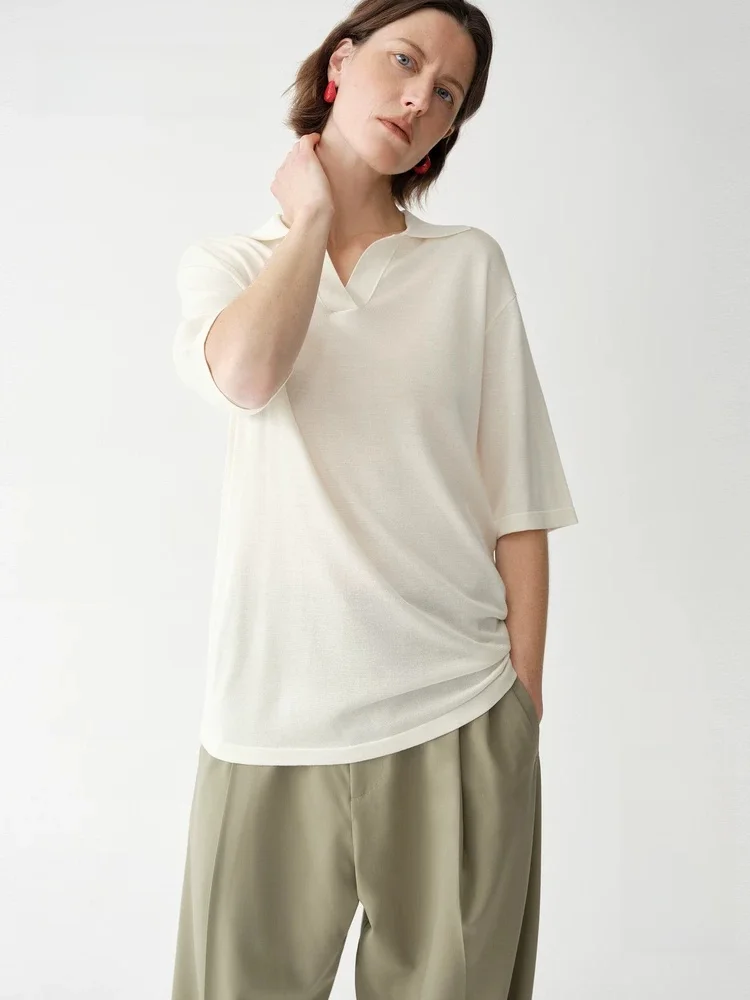 

Edition Women's Knitted Silk Shirt American Casual Style Summer New Arrival Five-Quarter Sleeve Regular Length