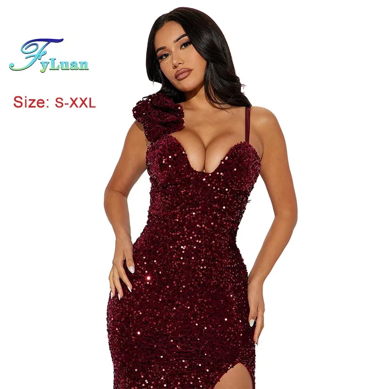 ชุดเดรสยาวแฟชั่นใหม่ปี 2025 สำหรับผู้หญิง สีพื้น สายเดี่ยว แต่งเลื่อม ผ่าข้าง ยาวกรอมพื้น คอวีลึก เหมาะสำหรับงานพรอม