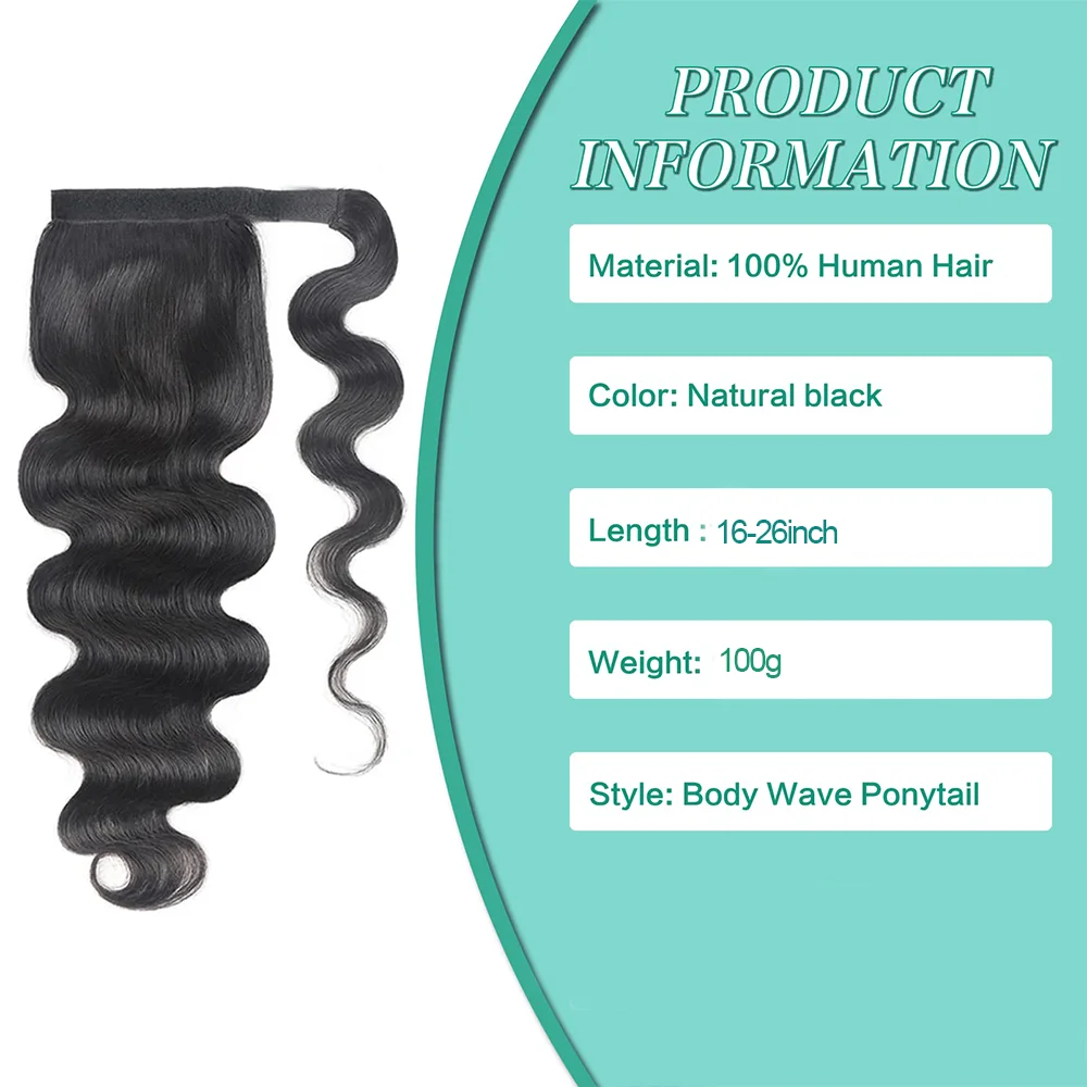 100% 인모 바디 웨이브 포니테일, 매직 페이스트로 감싸는 100% 브라질산 버진 인모 포니테일 (흑인 여성용) # 1B