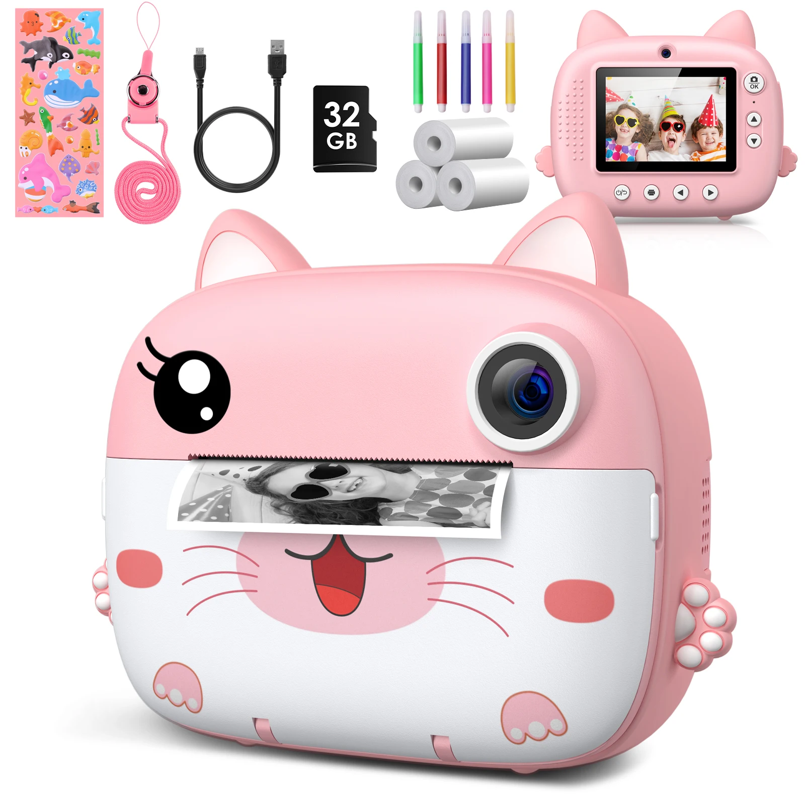 Kids Instant Print Camera 2.4 Inch 1080P Digital Camera Portable Cartoon Video Camera With 32GB Card & 5 Color Pens