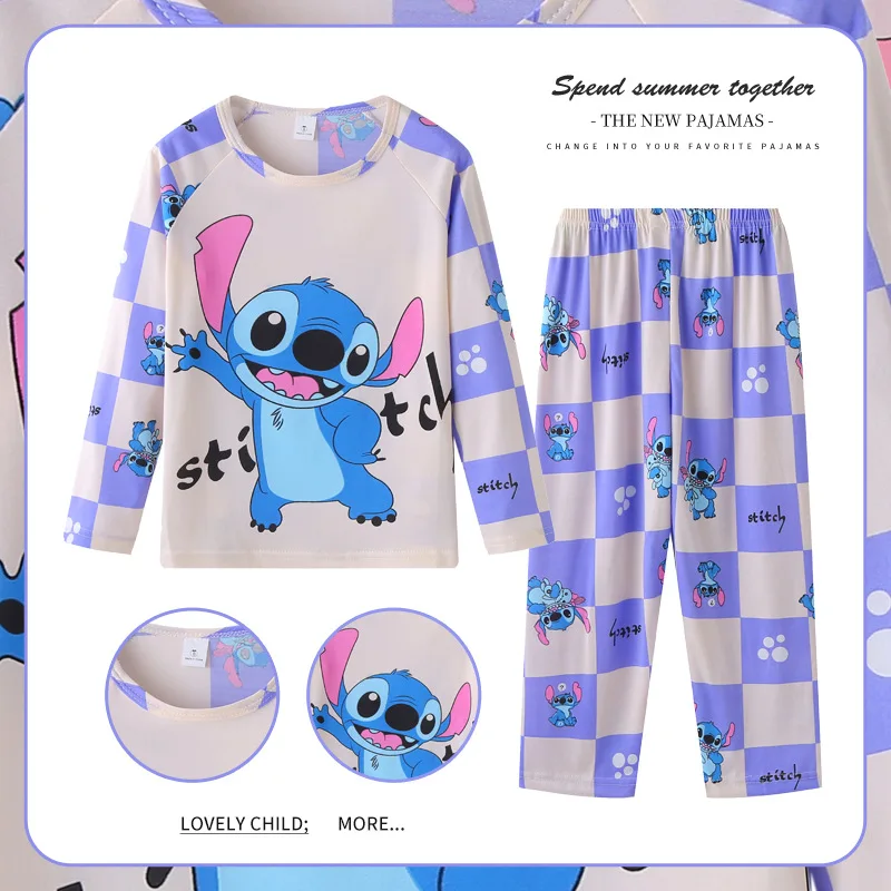 Spring Autumn Disney Stitch Kids Pajamas Cute Anime Cartoon Angel Kawaii Home Two Piece Set Soft Pajama Pants Boys Girls Gifts