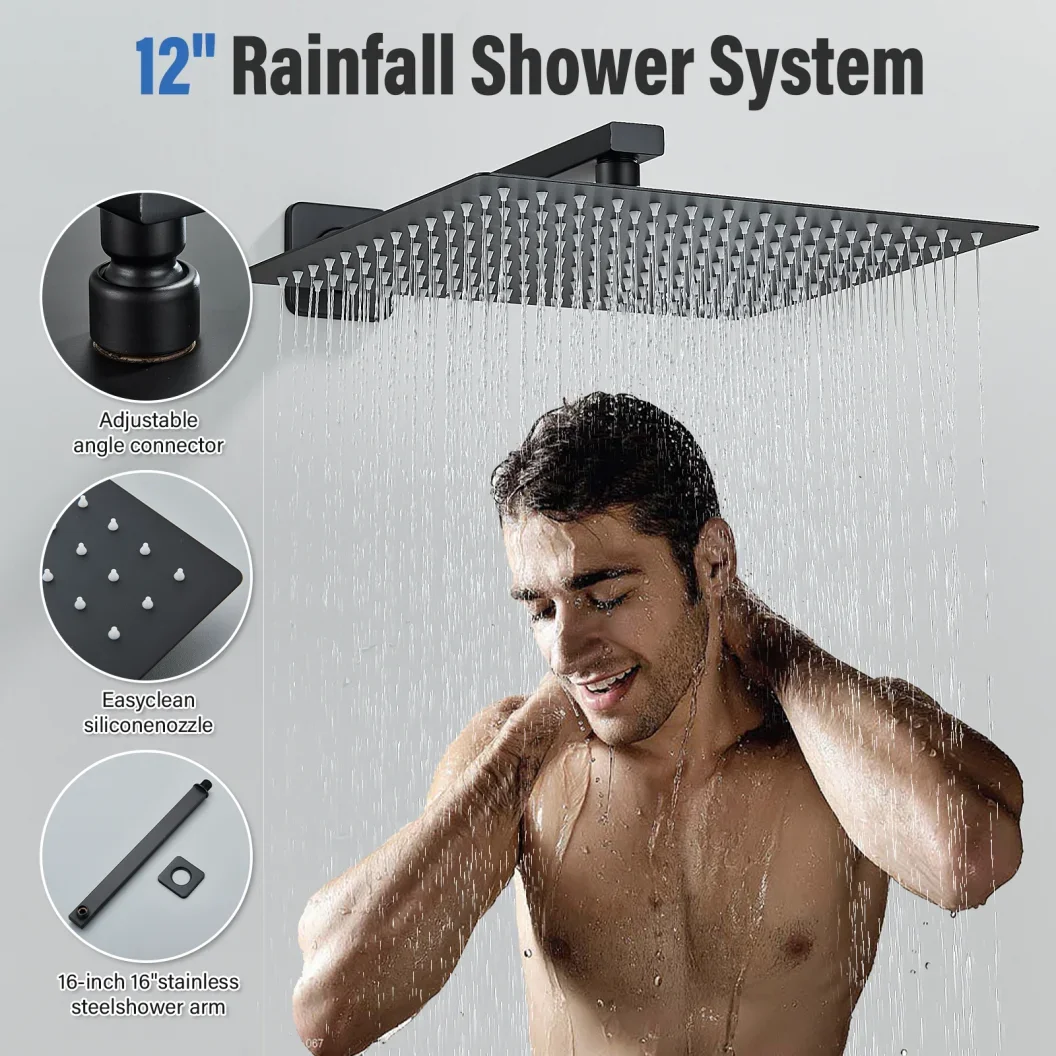 Matte Black Rain Head 8/10/12 Inch Bathroom Square Head And Shower Arm Wall Mounted Shower Faucet