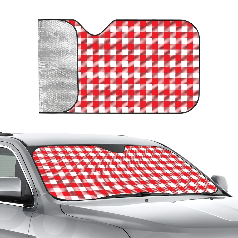 

Vintage Plaid Car SunShade Three-layer Insulation Car Front Windshield Sun Shade Suction Cup Blocks UV Rays Sun