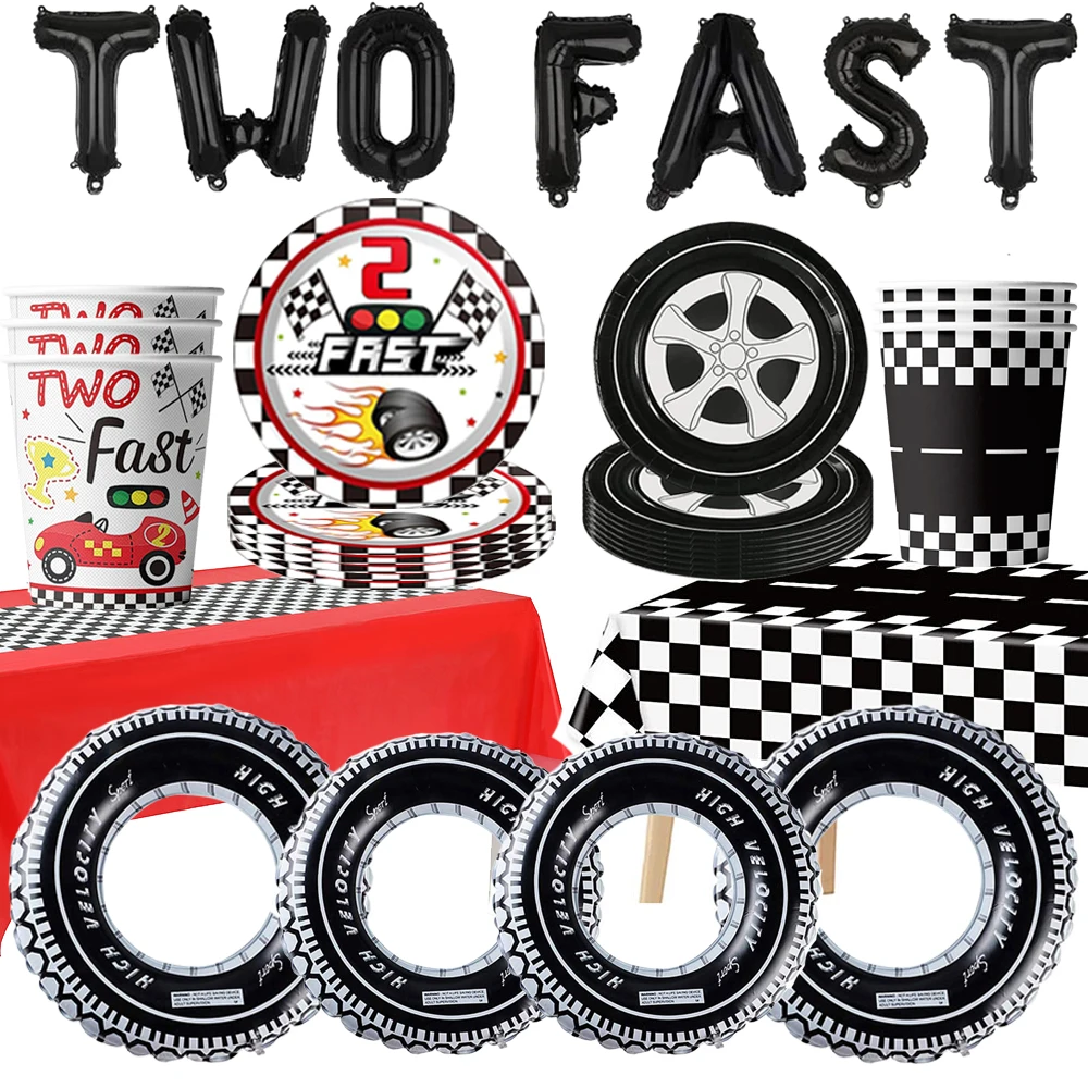 Two Fast Theme Birthday Party Decorations Tableware Boys Race Car 2nd Birthday Party Supplies Plate Napkin Cup Tablecloth