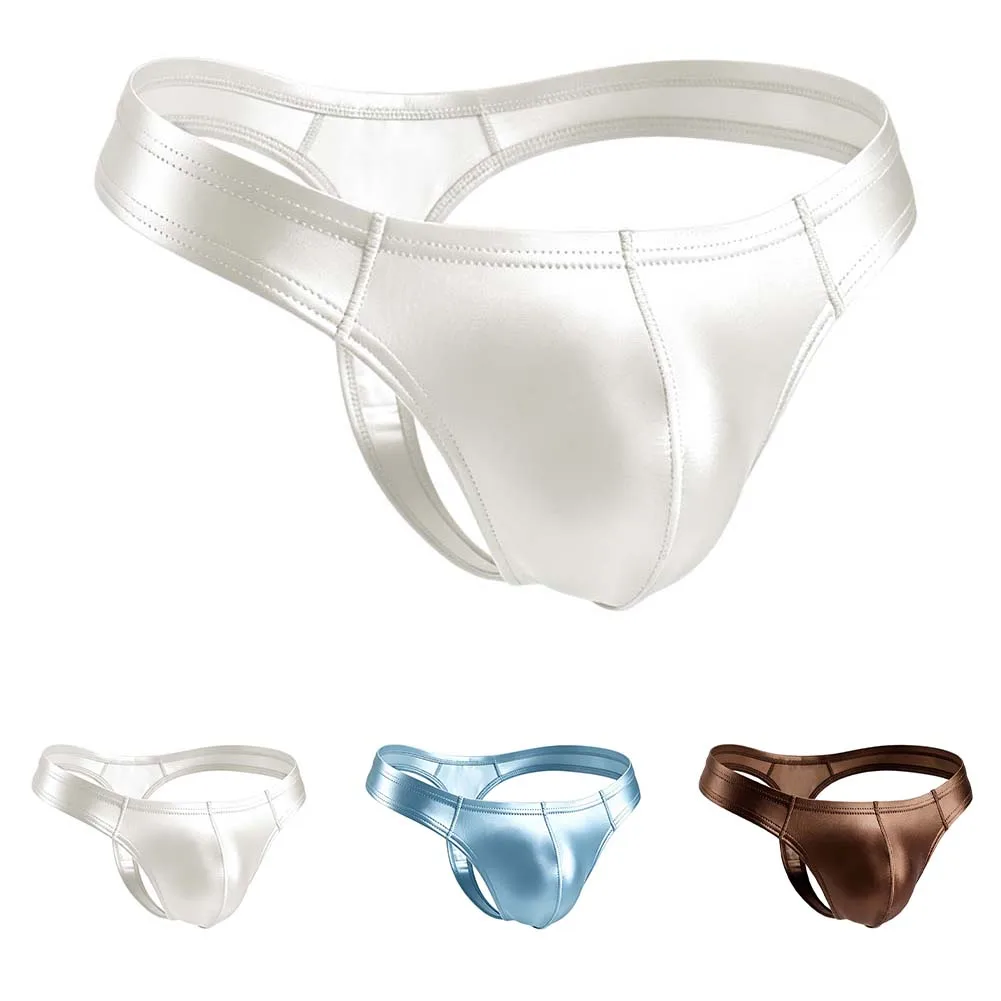 Men Glossy Smooth G-string Briefs Bulge Pouch Shiny Fitness Sport Thong Underwear Low Waist Solid Color Daily Classic Style