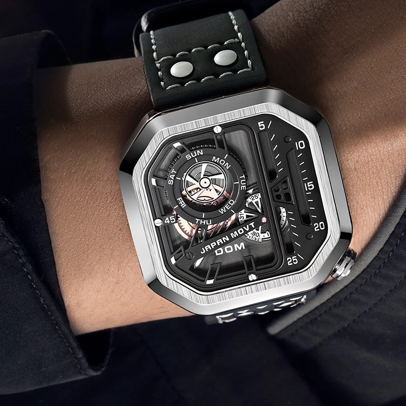 DOM Fashion Cool black creative timing calendar quartz watch skeleton punk style square large dial waterproof men's watch