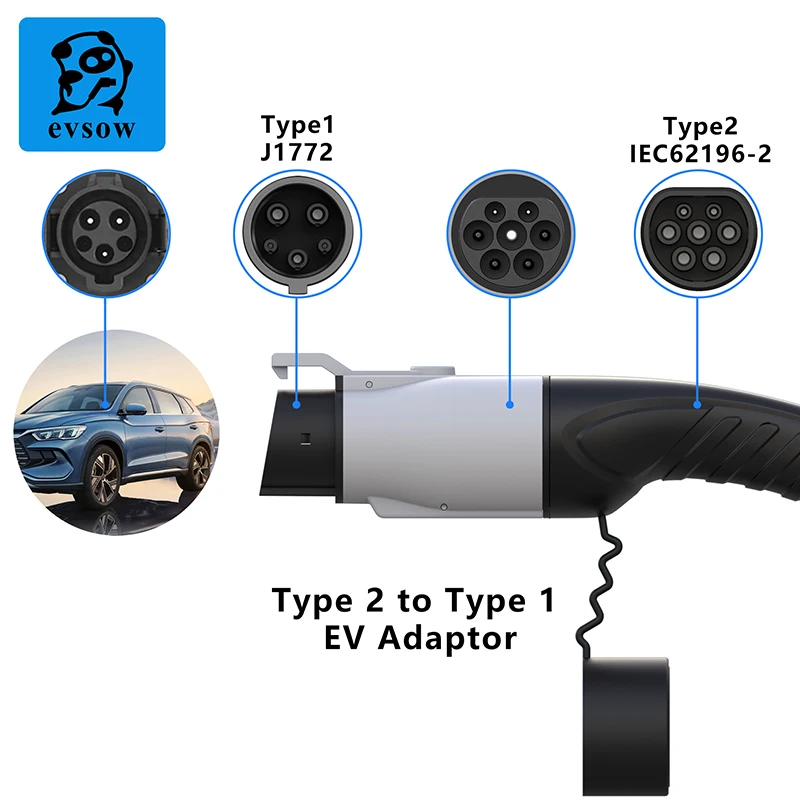 Evsow Type2 Adaptador de Carregador de Carro 16A/32A Type2 para Type1 Adaptador Para Carregador de Veículo Elétrico Plugue 1 Fase 7.2kw EV