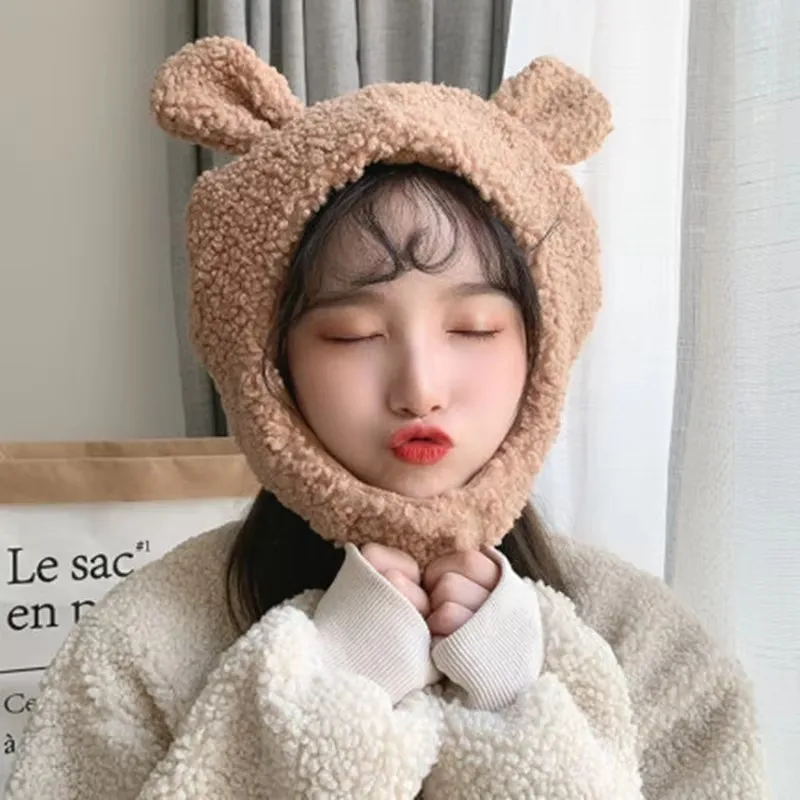 

New Women's Fashionable Casual Versatile Autumn Winter Ear Protection Bear Hat Cute And Warm Plush Windproof Pullover Hat Girls