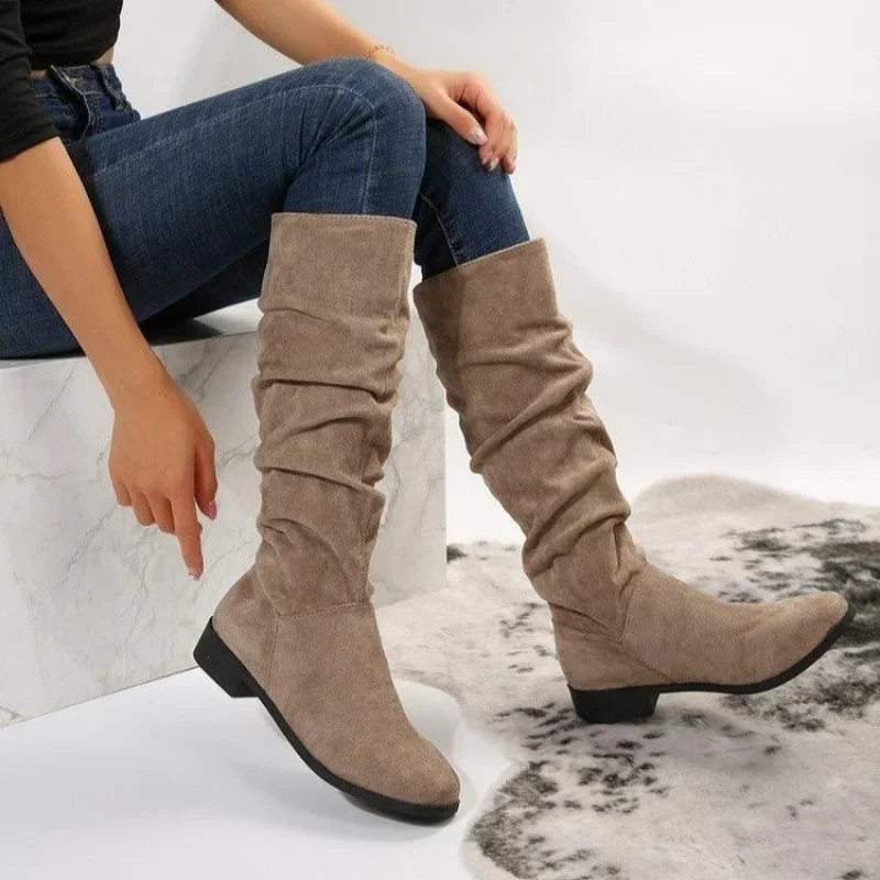 Kobiety Plisowane Buty Damskie Faux Suede Knee High Boots Ladies Autumn Winter Fashion Slip on Square Low Heel Knight Booties Mujer