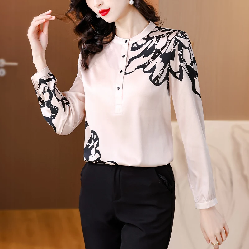 

2024 New Apricot Silk Satin Long sleeved Printed T-shirt Women's O-neck Spliced Loose Large Size Slim Fit Minimalist Shirt Top