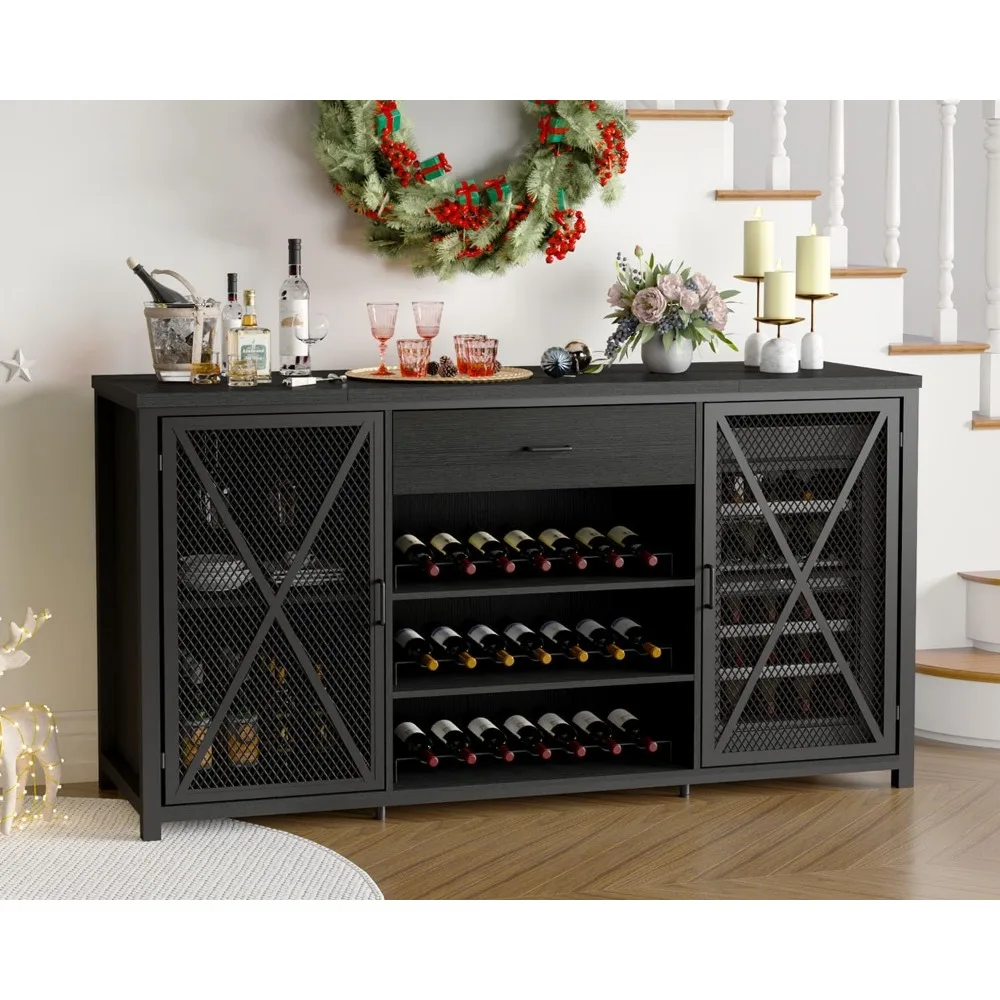 Bar Cabinet with Fridge Space, Rustic Long Liquor Cabinets with Drawer Storage, Farmhouse Wood Metal Wine Cabinet