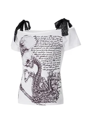 Women Wild Gothic T-Shirts Skull Letter Print Off-Shoulder Boat-Neck Short Sleeve Tops Summer Slim Fit Streetwear