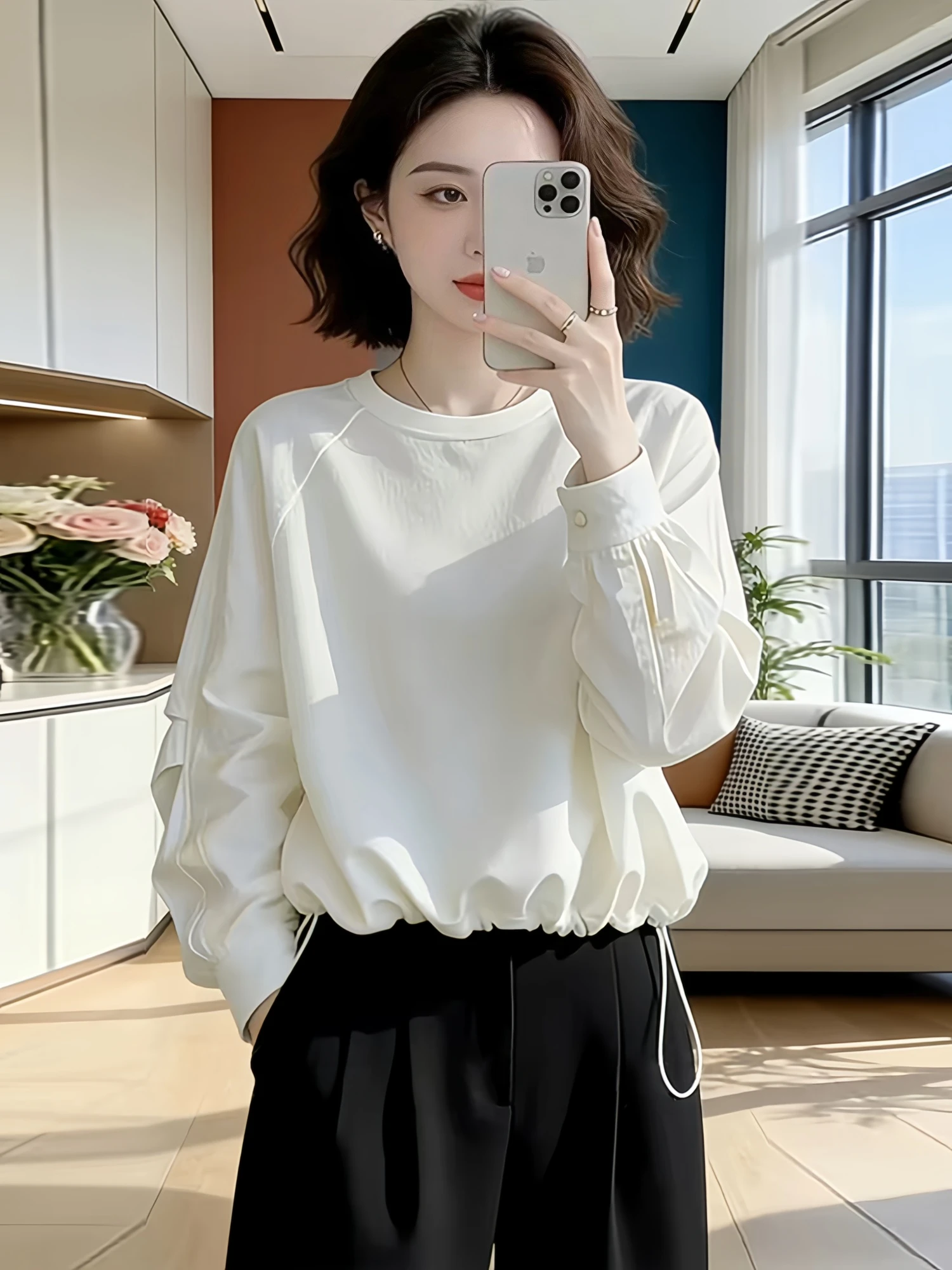 White round Neck Drawstring Waist Long Sleeve Shirt Women's Summer Unique Loose Top Korean Style Commute Fashion Single Piece