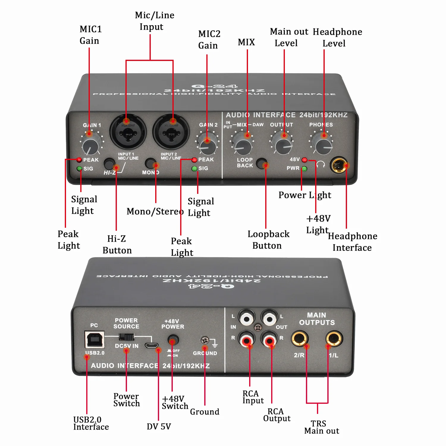 Placa de som de interface de áudio profissional, com extrator de gravação ao vivo de guitarra elétrica de monitoramento, usado para canto de estúdio q24