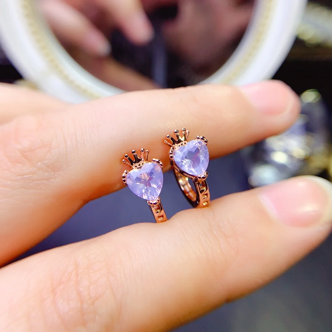 925 Sterling Silver Crown Huggie Earrings With Heart Natural Lavender Amethyst Hoop Earrings Silver Fine Jewelry For Women Gift - view 2