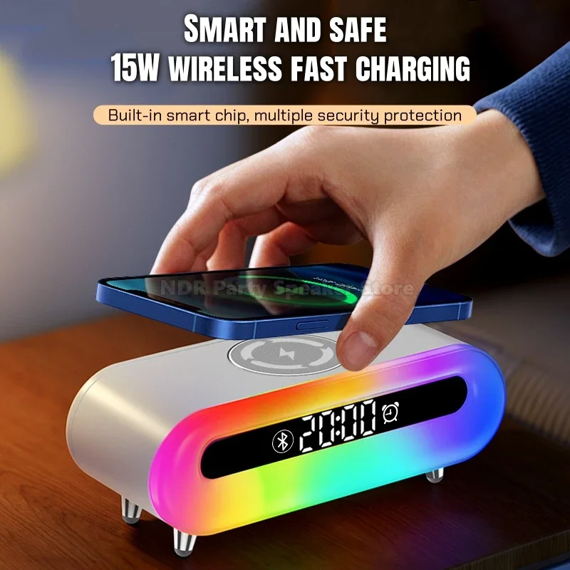 4-in-1 Multifunction 15W Wireless Fast Charging Mobile Phone Charger RGB Night Light Desktop Lamp Alarm Clock Bluetooth Speaker