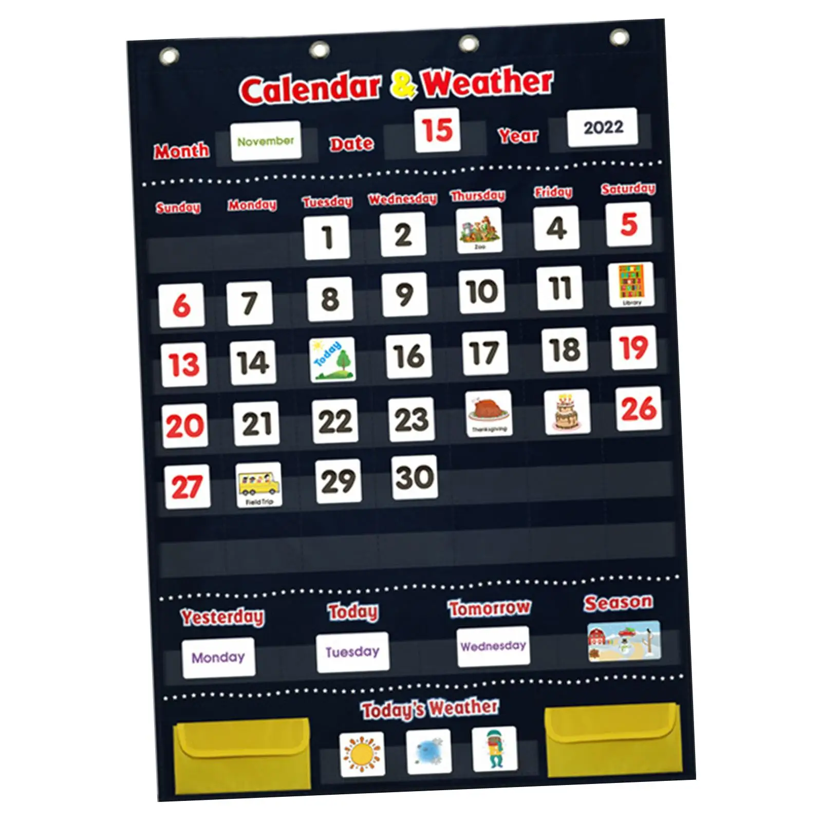 Calendario per bambini e giocattoli educativi meteorologici e calendario da parete a 4 ganci Calendario da 44x27" per la scuola materna a casa