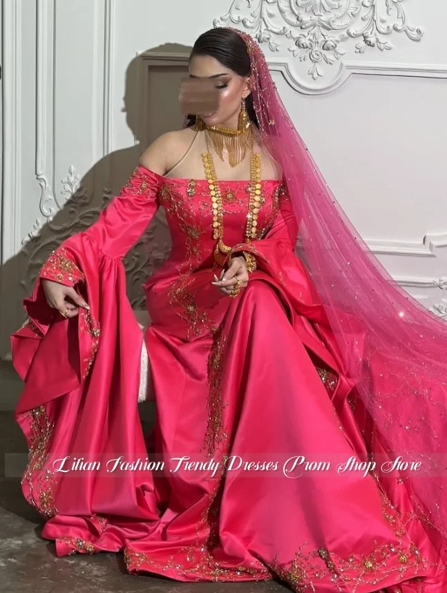 Customized Hot Pink Satin Arabic Kaftan Wedding Gown Gold Floral Embroidery Oversized Ruffle Sleeve Long Train Bridal Dress 2026