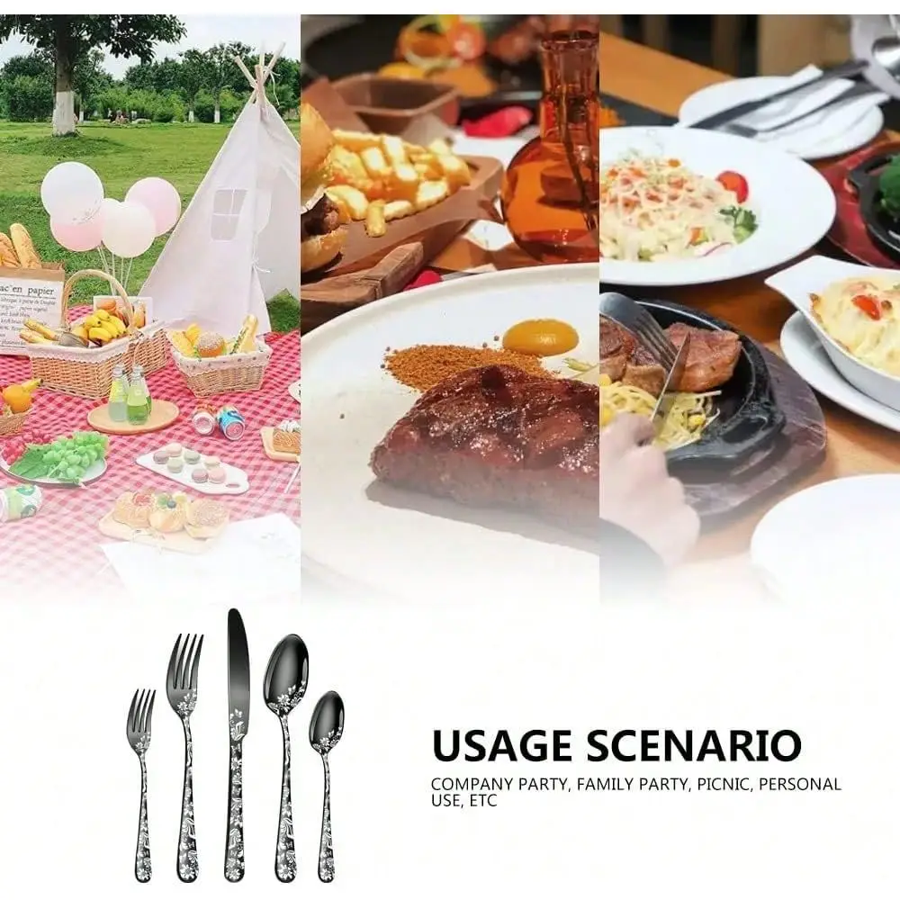 

5 Pieces Silverware Set, Black Flatware Set, Stainless Steel Mirror Polished Cutlery Set, Spoons Forks Knives Set With Unique F