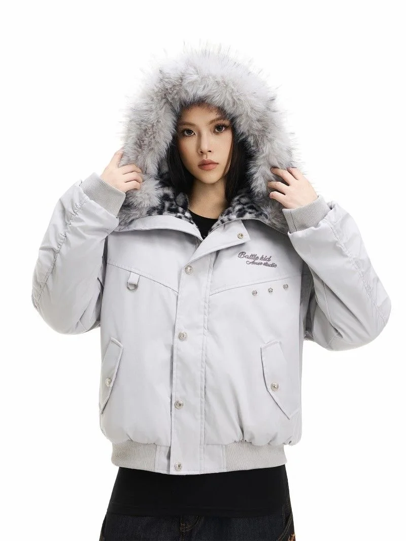 

Fashionable leopard print hooded cotton jacket for women winter new thick bomber jacket thickened fur collar visual style jacket