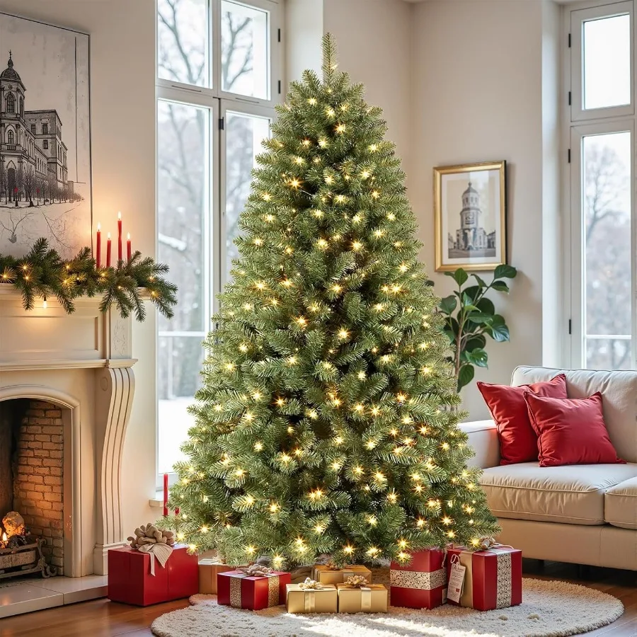 

7-футовая искусственная шарнирная предварительно освещенная рождественская елка с предварительной подсветкой 320 теплых белых огней 8 режимов освещения Идеальный выбор для рождественского дома
