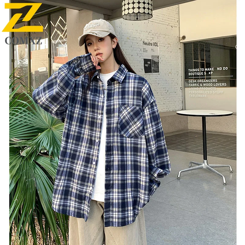 

Vintage Plaid Shirt Women's Japanese-Style Harajuku Oversized Loose Lapel Long Sleeve Top Female All-Match Street Dance Shirt