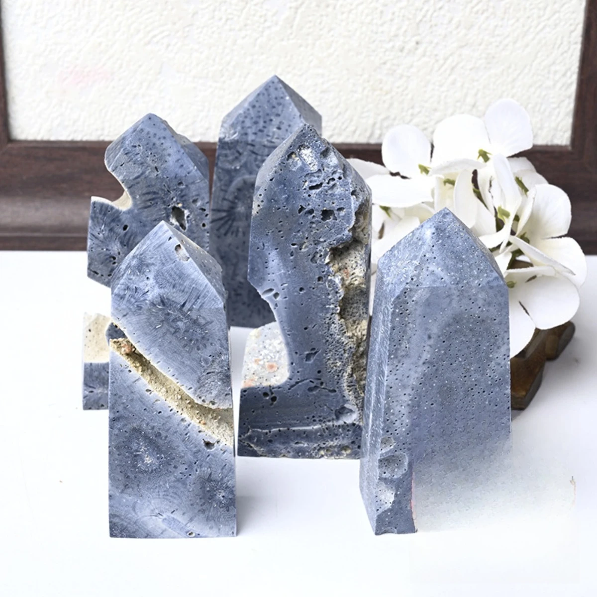 Natural Blue Coral Crystal Tower, Polished Four-Sided Quadrangular Pillar for Coastal Home Decor, Rare Marine Mineral Specimen